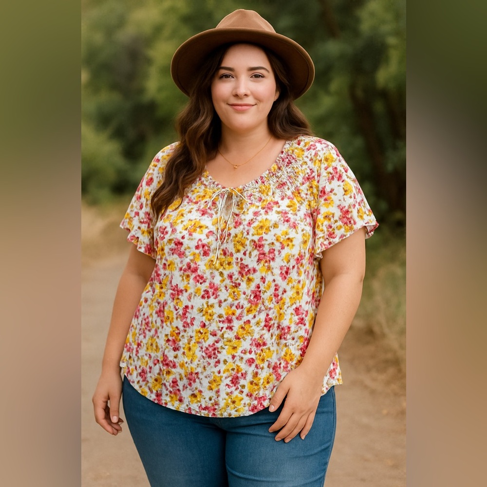 Robert Louis Women’s Plus 3X Floral Peasant-Style Flutter Sleeve Stretchy Top